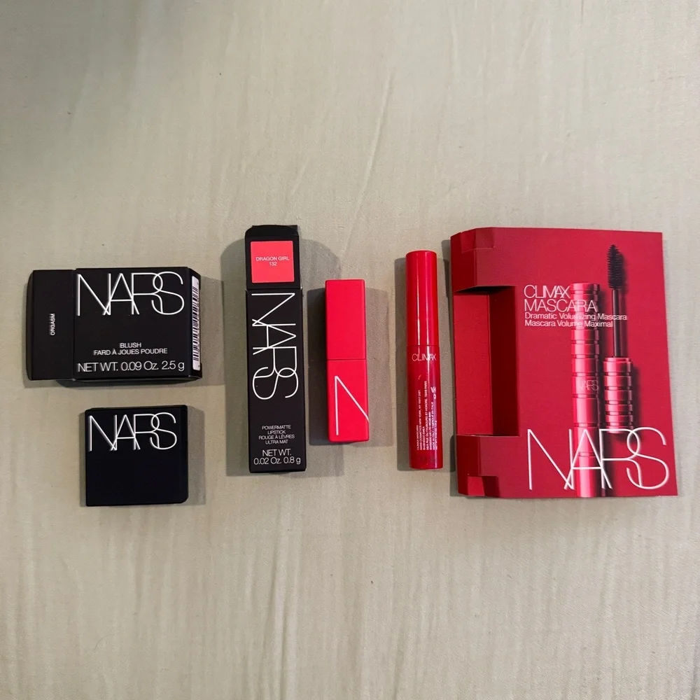 NARS Lipstick, Orgasm Blush, Mascara, Foundation Sample Set w Black Canvas Bag